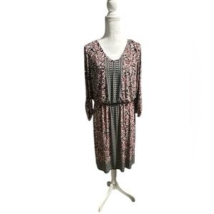 Roz & Ali Black Pink White Pattern dress w/ button sleeves, Size Large